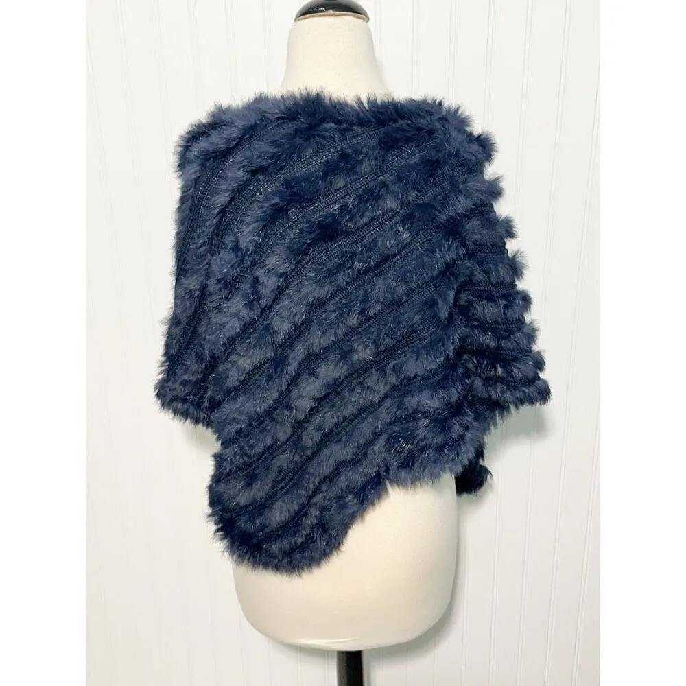 Marella Women's Asymmetric Hemline Wool Blend Soft Knitted Faux Fur Poncho Blue Size undefined - Image 3