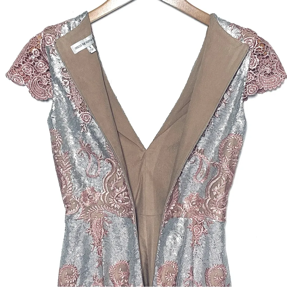 DRESS THE POPULATION Sabrina Pink and Silver Sequin Lace Romper Size S - Image 7