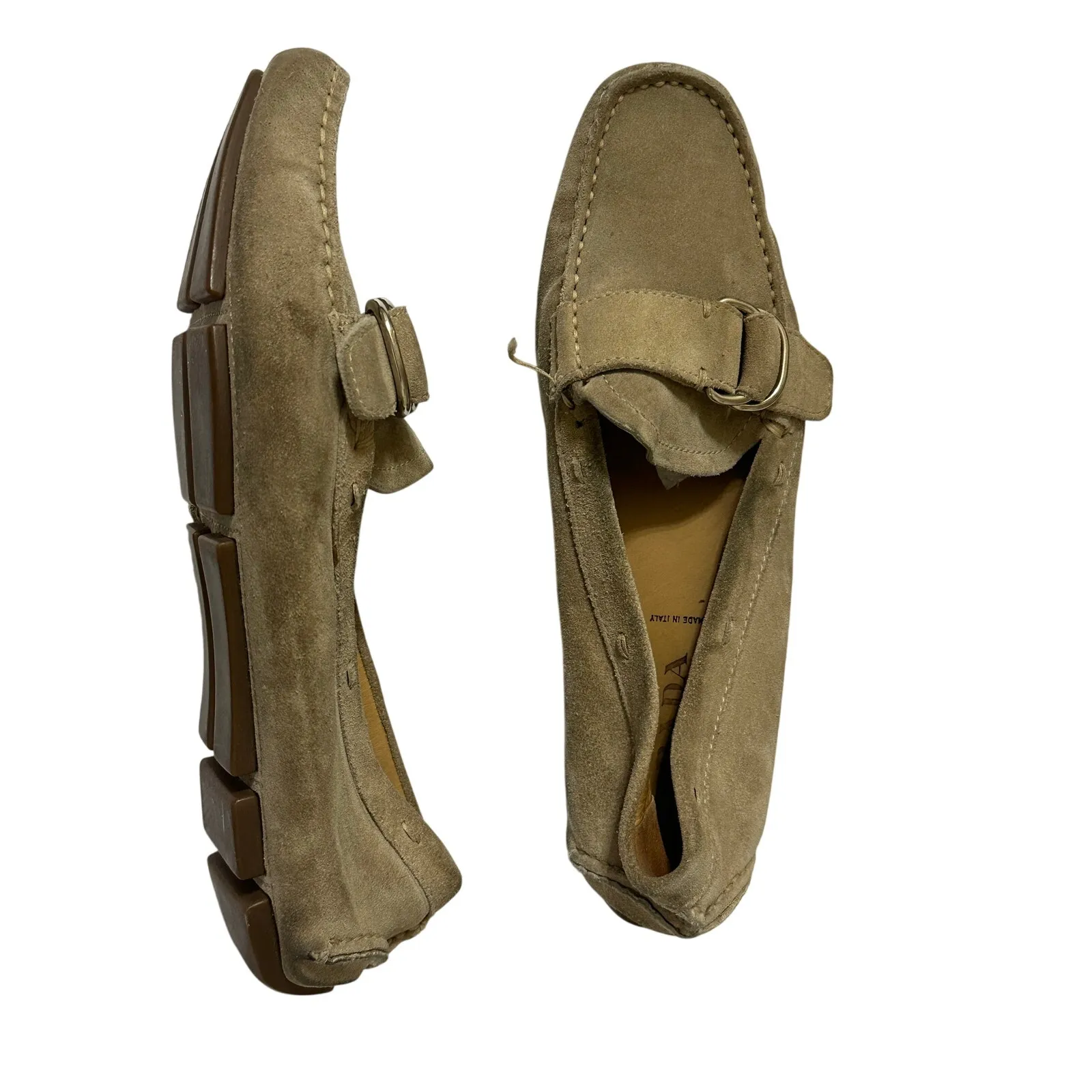 PRADA Driving Moccasins Beige Suede Rubber Sole Silver Buckle Women's size 7.5 - Image 7