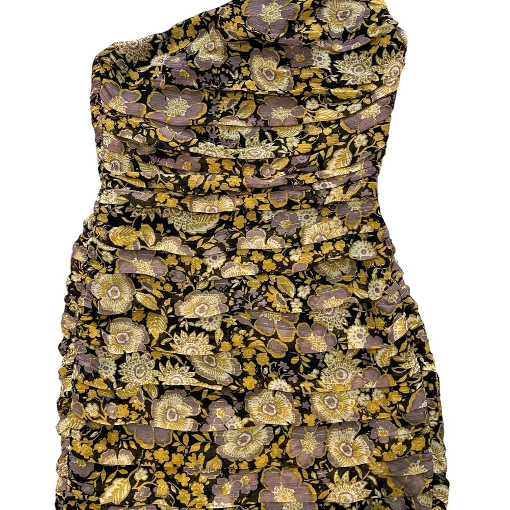 Zara Floral Yellow Purple Glitter Drape One Shoulder Bodycon Dress, Sz S - Image 8