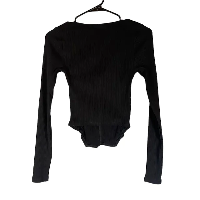 ASOS Black Ribbed Fitted Cotton Blend Stretch Long Sleeve Shirt Women Sz 0 - Image 5