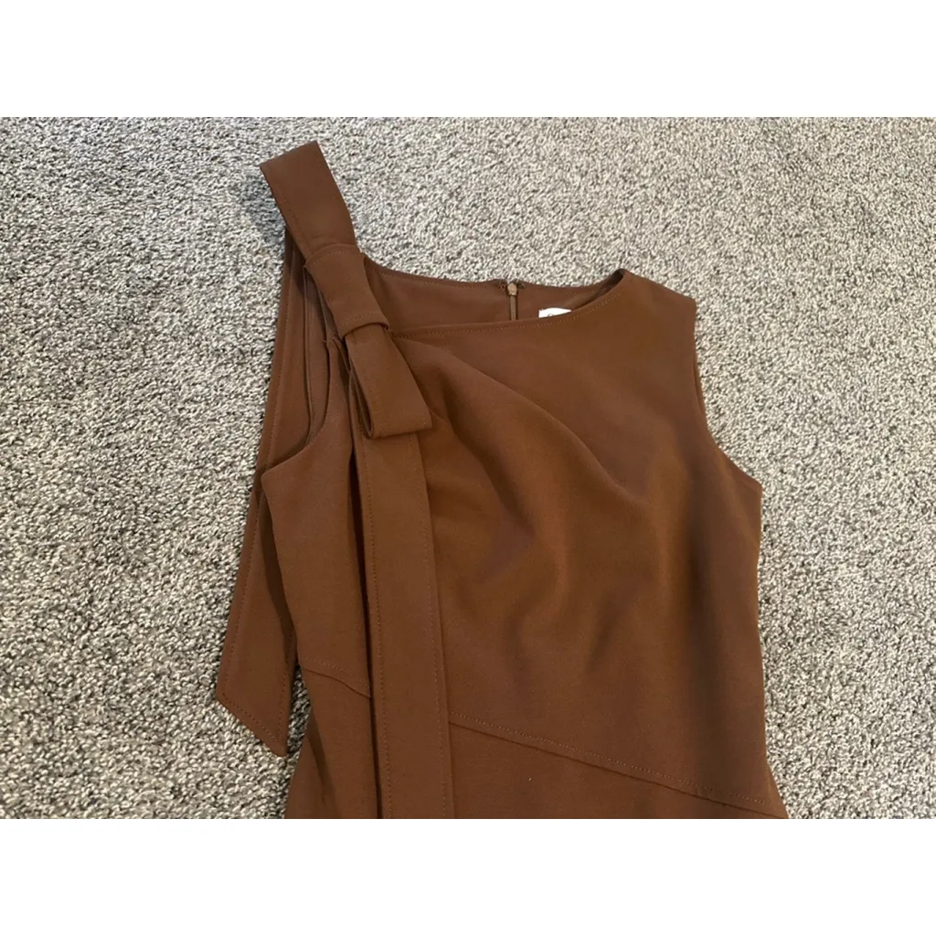 Women's Calvin Klein Chocolate Brown One Bow Shoulder Midi Dress Size 2 - Image 6