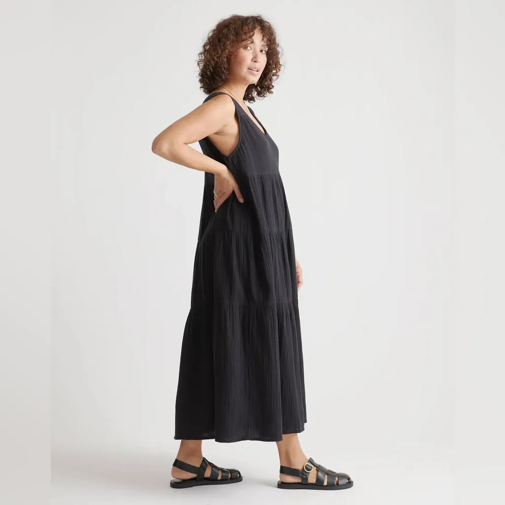 NWT Quince 100% Organic Cotton Gauze Tiered Maxi Dress Black Sz M - Image 2