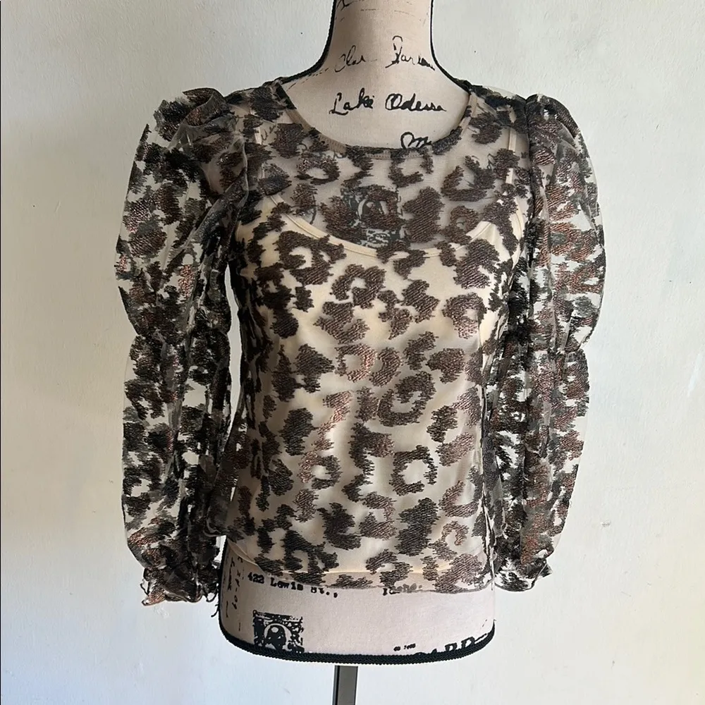 Eva Franco Metallica Bronze Sheer Layered Blouse Size XXSP Brown - Image 2