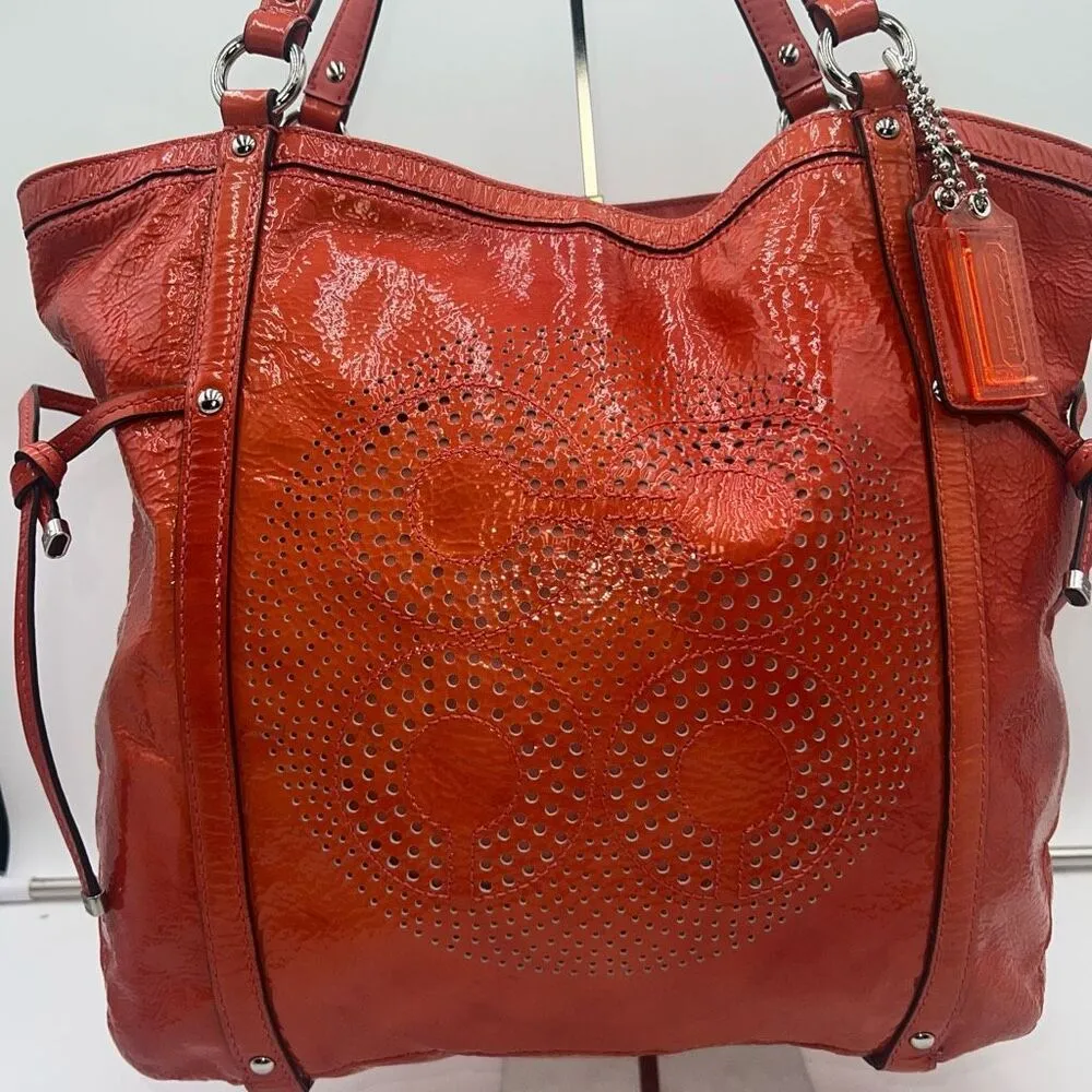 Coach AUDREY OP ART CORAL Peach Patent Leather Tote Shoulder/.Crossbody Bag BOTH - Image 2