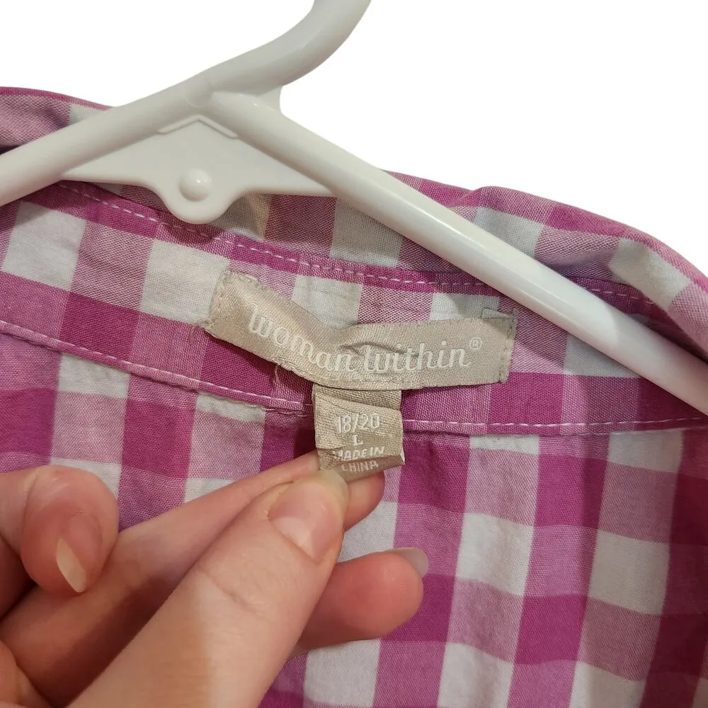 Woman Within Casual Button Up Shirt Short Sleeve Pink Checkered Size XL 18/20 - Image 6