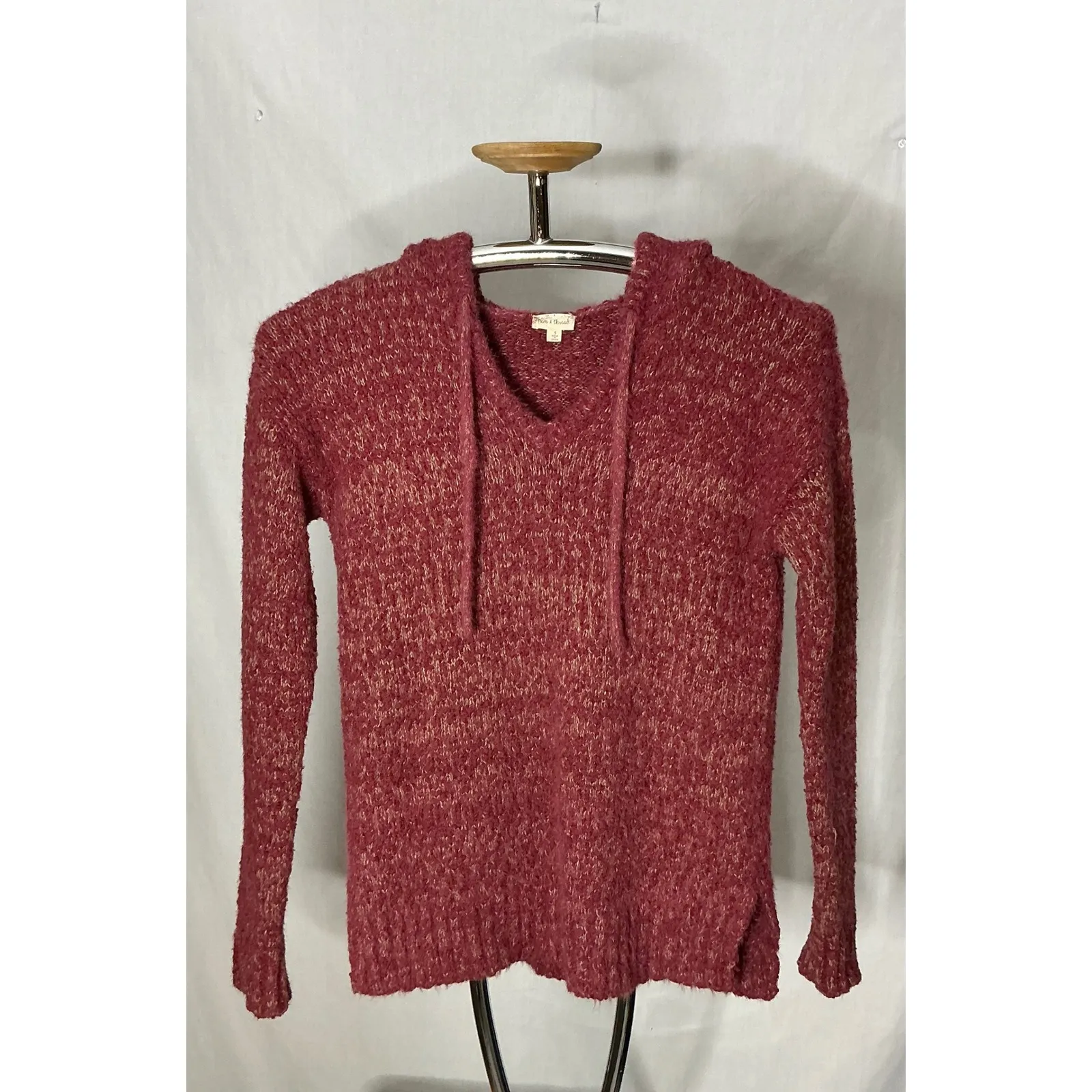 Hem & Thread Fuzzy Knit Hooded Sweater Womens S Pink Chenille Soft V-Neck Hoodie - Image 8