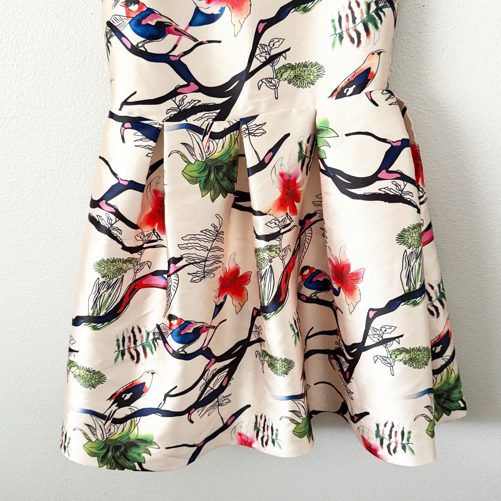 O&Y | Bird Print Box Pleat Pleating Dress High Neck Party Formal Gown | Medium - Image 3