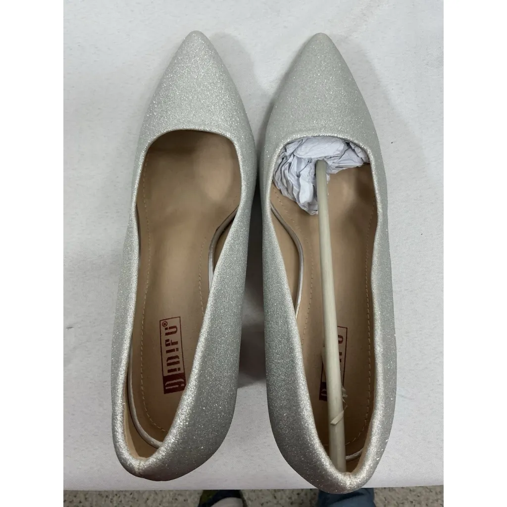 Womans Idifu Slipon Formal Pumps 10 Silver Sparkly Pointed Toe Block Heel NWOT - Image 6