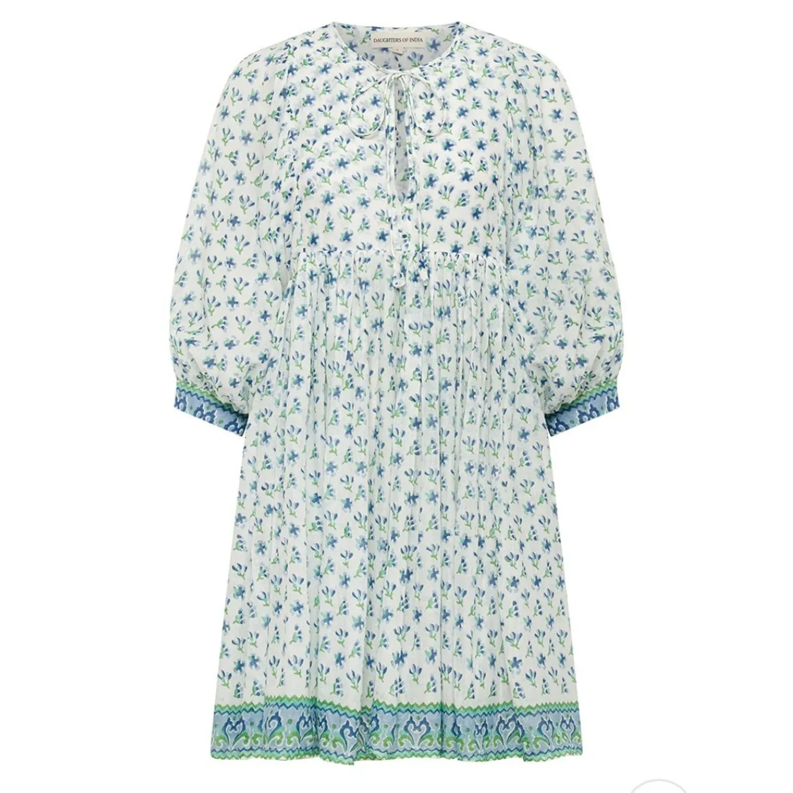 Daughters of India Kyra Mini Dress Size S Puff Sleeve Cotton Azure Floral Print Blue - Image 2