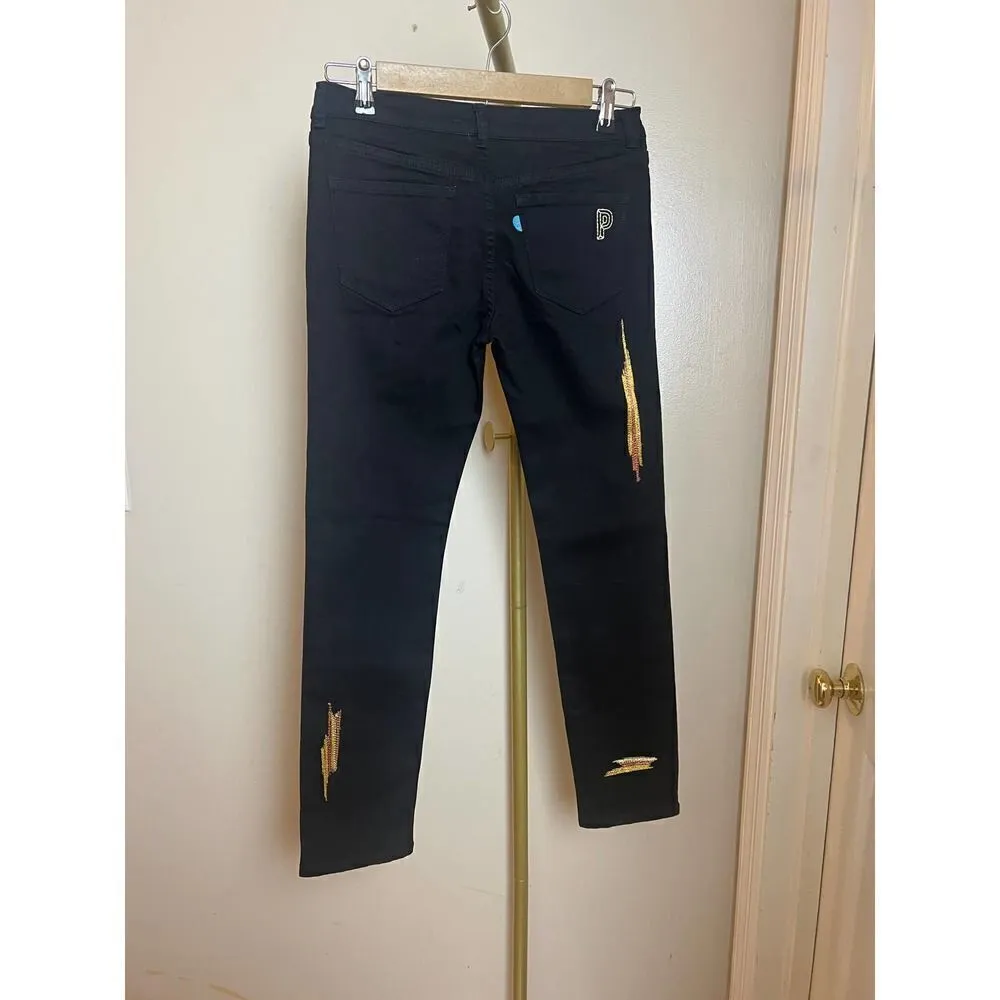 PERI.A Black Gold Digger Embroidered Stretch Denim Jeans Women Sz. 25 Black - Image 8