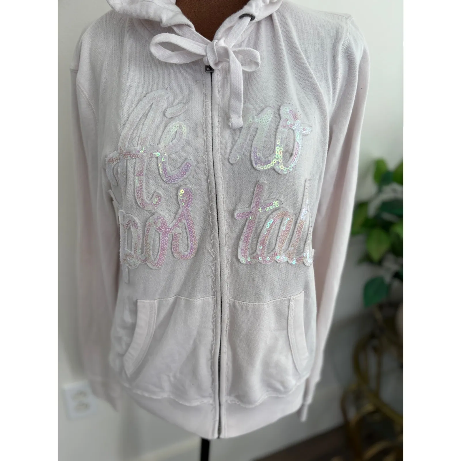 Aeropostale Women's Full Zip Hoodie Sweatshirt Sequin Logo Light Pink Large - Image 2