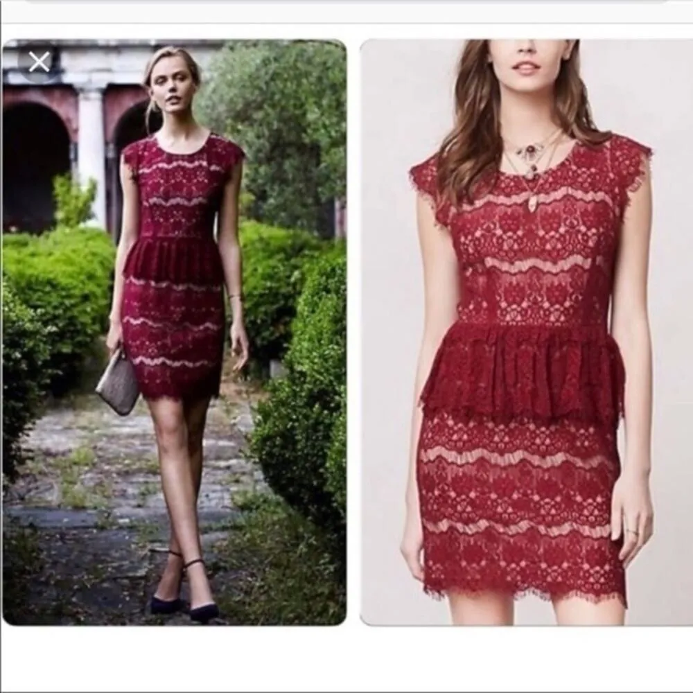 Anthro Maeve Lace Peplum Dress Wine Bordeaux Small - Image 3