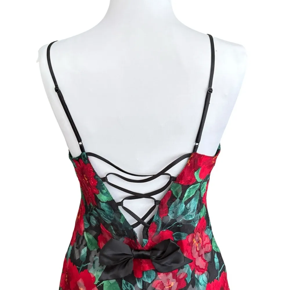 Victoria's Secret Gold Label Red Black Floral Chemise Slip Dress Open Back Small - Image 5