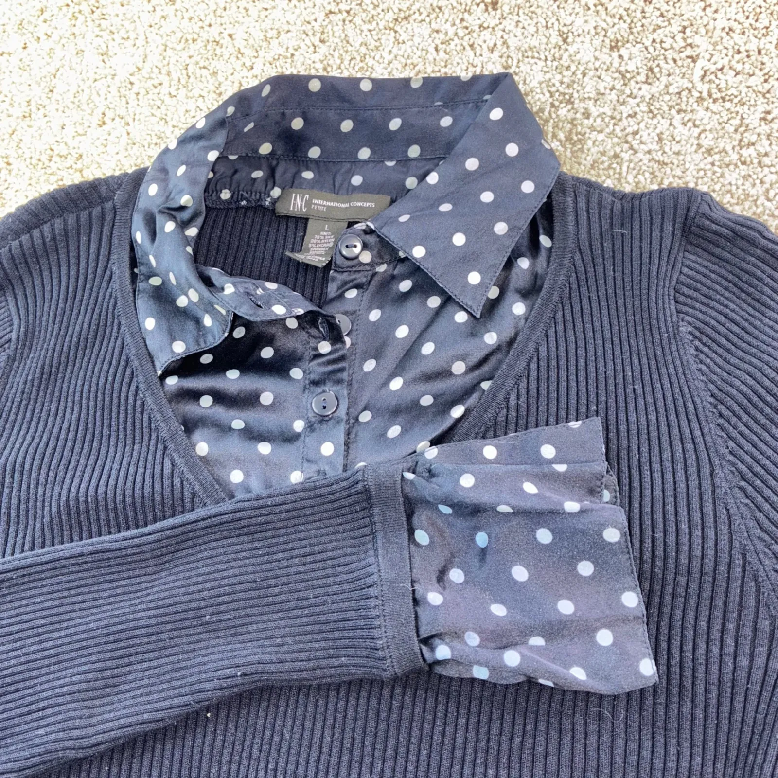 INC International Concepts L Petite‎ 2Fer Navy Blue Polka Dot Collar Ribbed Knit Size undefined - Image 2