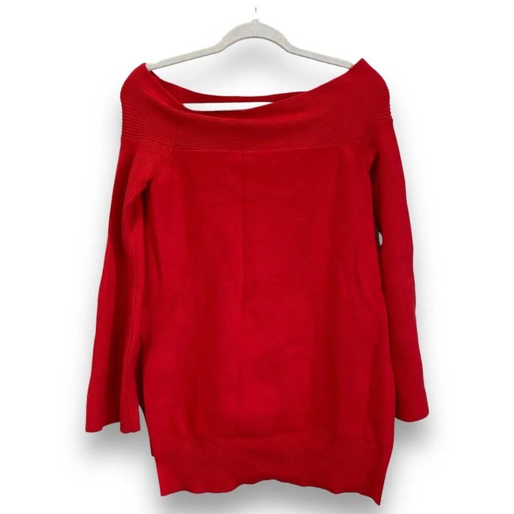 ANTHROPOLOGIE Elise Ribbed Tunic Sweater Off Shoulder Red Size XS Bell Sleeves - Image 4