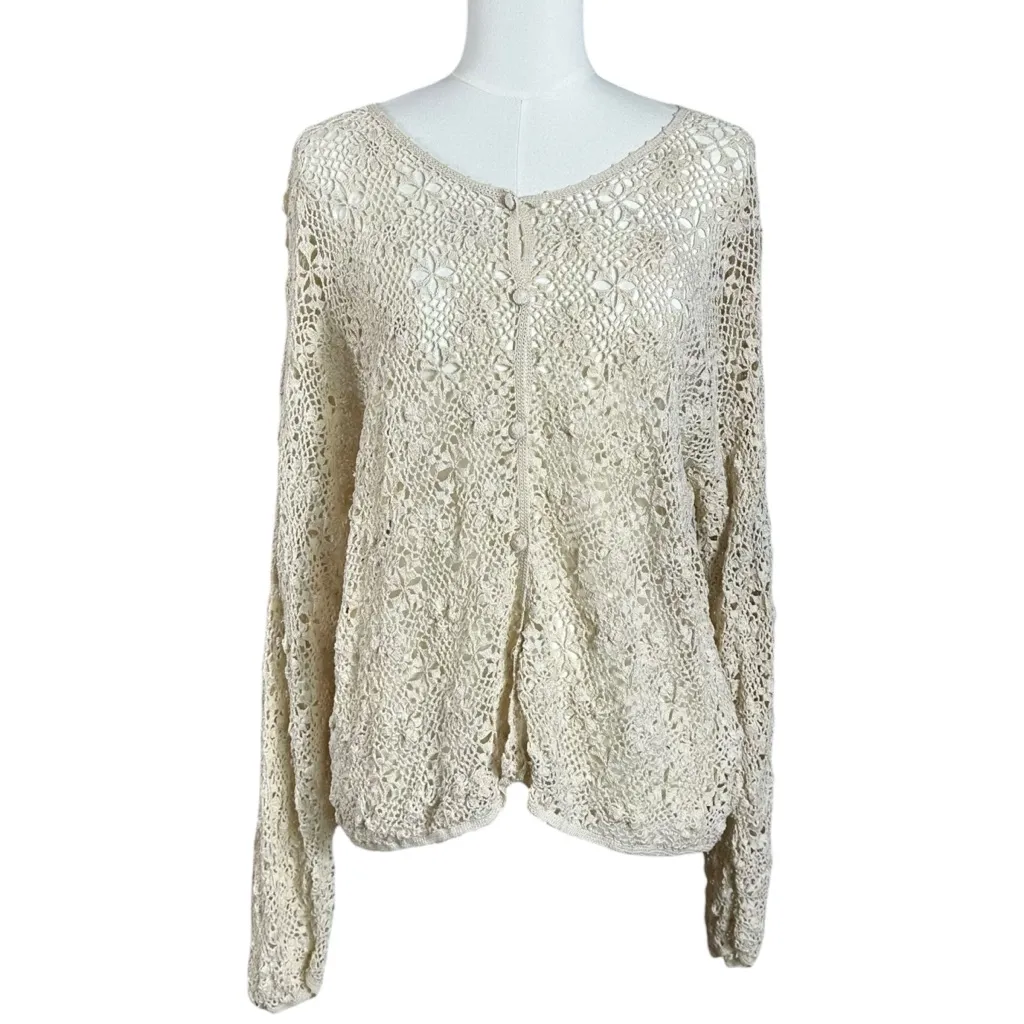 Vintage April Cornell Crochet Cardigan Sweater Natural Size Large Cottage Dainty - Image 2