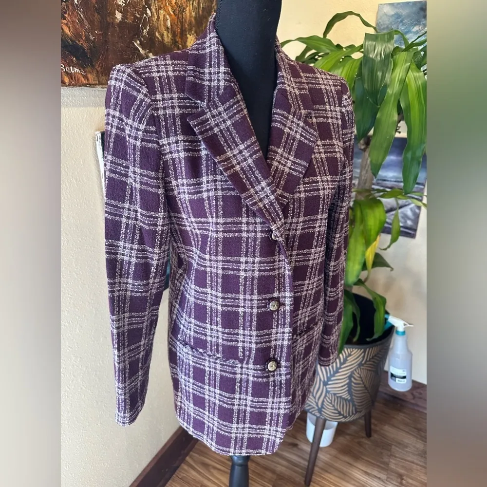 EUC Alfred Dunner  vintage Blazer  Womens Purple Plaid Tweed Button Pockets Sz6p - Image 3