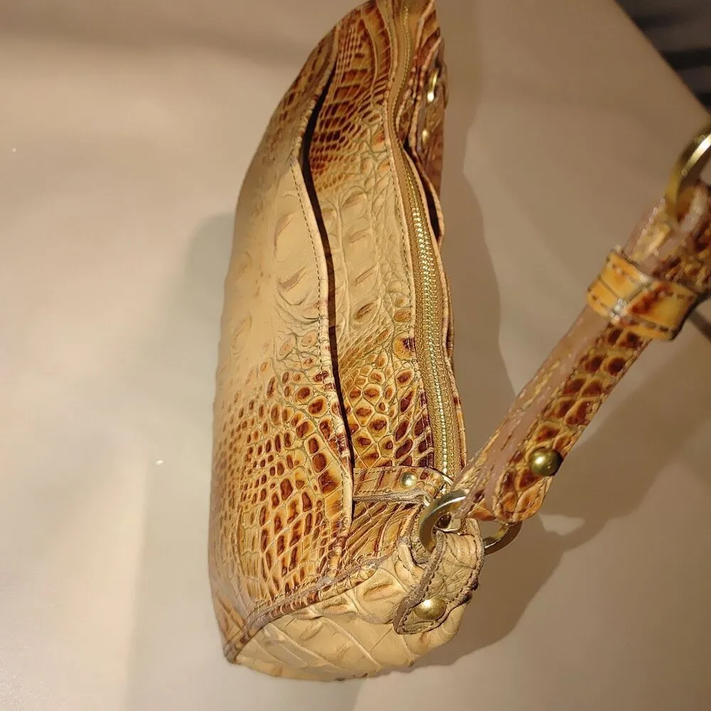 Brahmin Brown Tan Gold Leather Shoulder Bag Alligator Crocodile Embossed Zip - Image 10