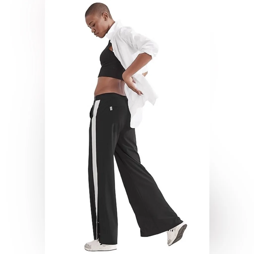 Athleta luxe Gramercy track black w/stripe wide leg, athletic trouser pants 12 - Image 14