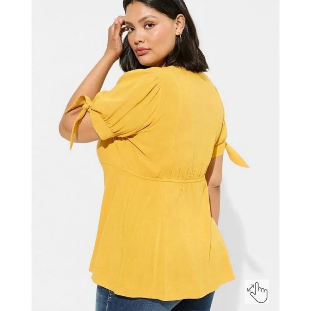 Torrid Top‎ Women 2X Yellow Slub Button Up Tie Sleeve Boho Western Farmhouse - Image 11