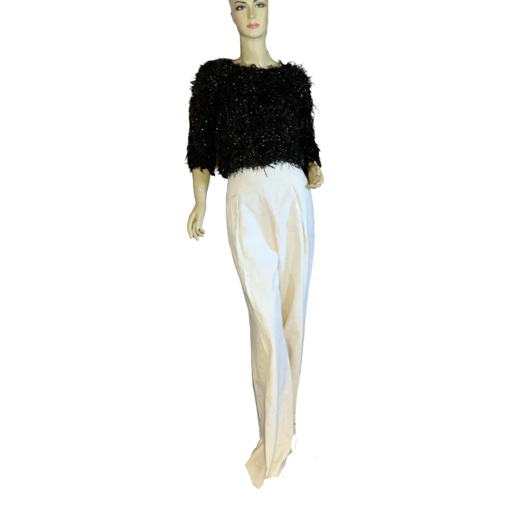 VINTAGE 1990'S GANTOS BLACK & GOLD EYELASH FRINGE CROPPED 3/4 SLEEVE SWEATER (S) - Image 7