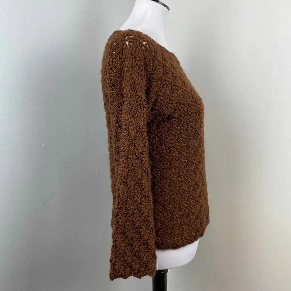 Handmade Chocolate Brown Boho Crochet Bell Sleeve Sweater Size M - Image 3