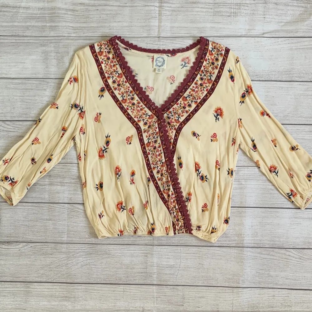 Blue Rain Peasant Boho Crochet Floral Faux Wrap Blouse Top - Image 10