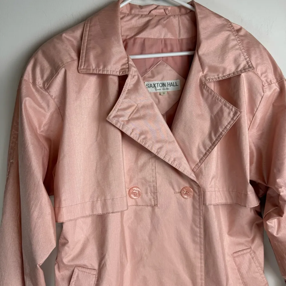Vtg Saxton Hall Blush Pink Shimmer Trench Coat Jacket Sz 10 Belted Waist - Image 6