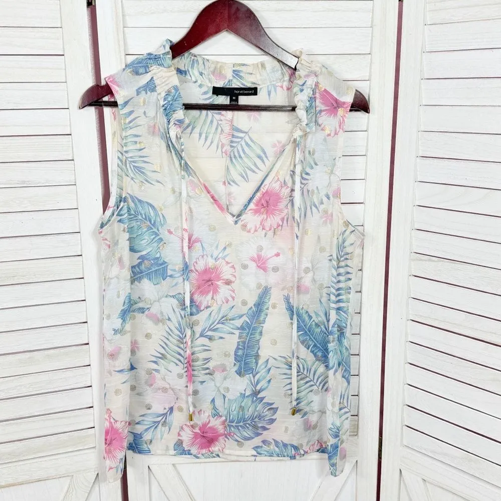 Harve Bernard Tropical Print Tie Neck Sleeveless Blouse White Multi Medium - Image 7