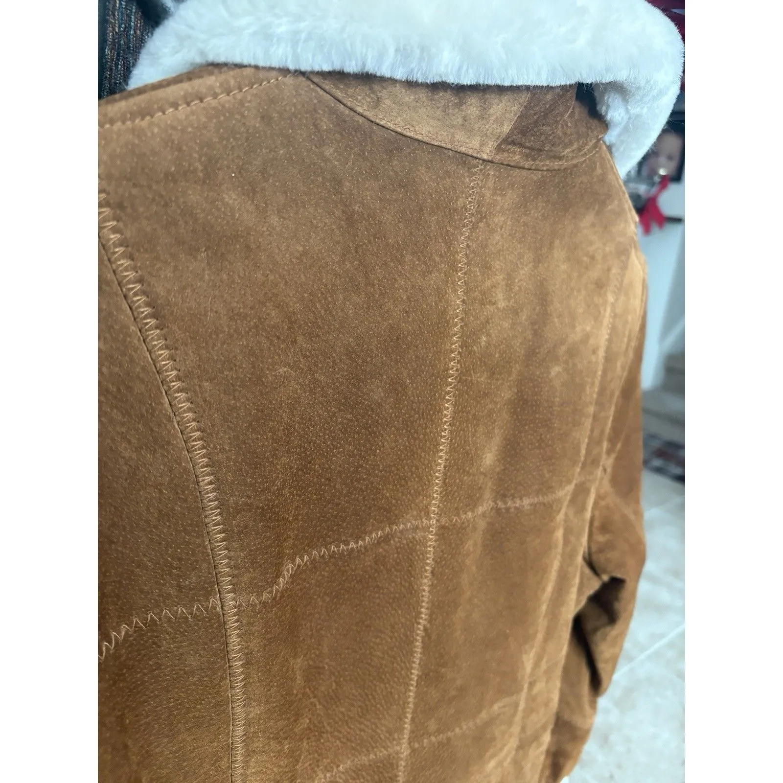 Gallery Womens Large Brown Suede Sherpa Lined Jacket Shearling Style Coat - Image 5