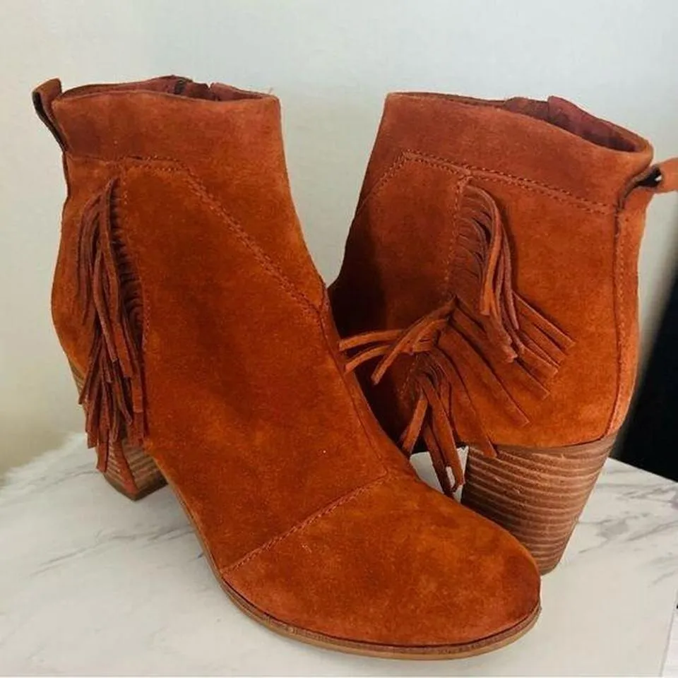 TOMS Lunata Western‎ Boho Tassel Suede Bootie Stacked Block Heel, Brown Size 8.5 - Image 3