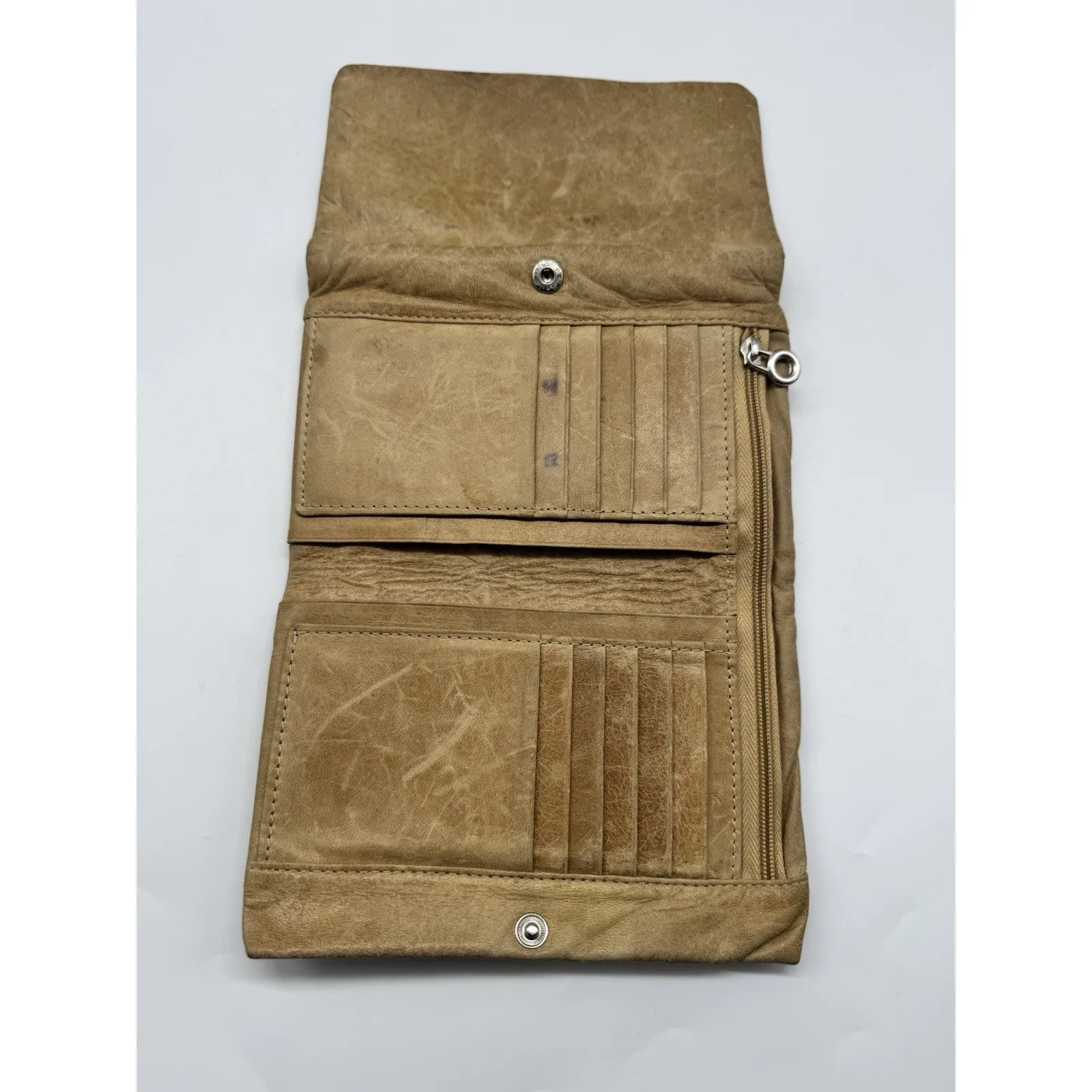 Leather Beige Foldable Soft Unisex Wallet Snap Closure 12 Card - Image 5