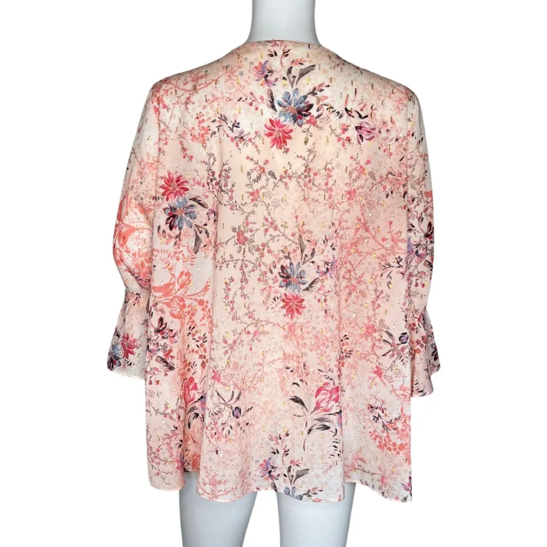 T Tahari Shirt Womens Medium Pink Floral Bell Sleeve Tasseled Tie Top Bloomcore‎ - Image 4