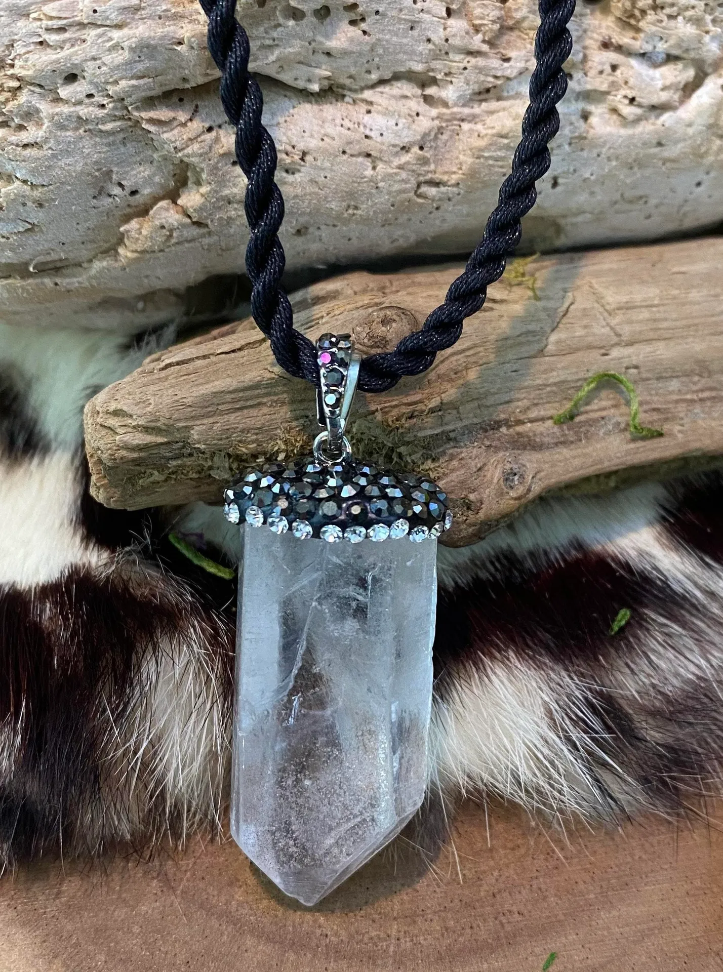Clear Quartz stone encrusted pendant on silk cord White - Image 3
