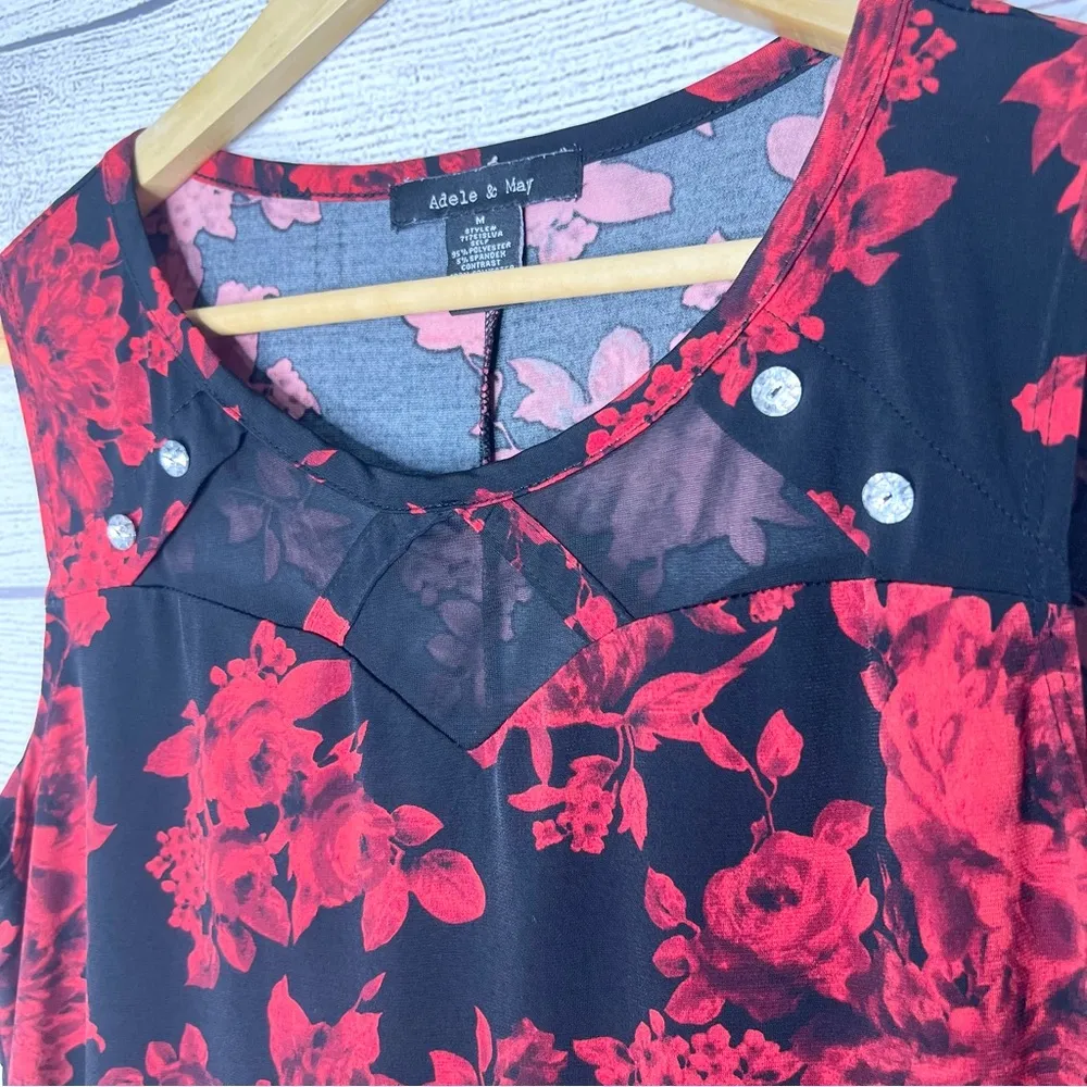 Adele & May Red Floral Sleeveless Blouse with Sheer Black Cutouts Size Medium - Image 3