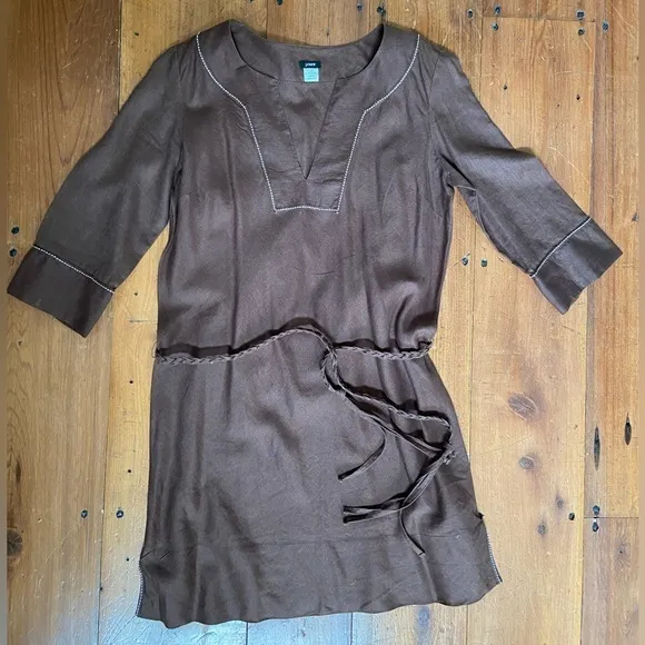 J crew vintage linen tunic dress,‎ Mini, 3/4 sleeve, white top stitch, sz L - Image 2
