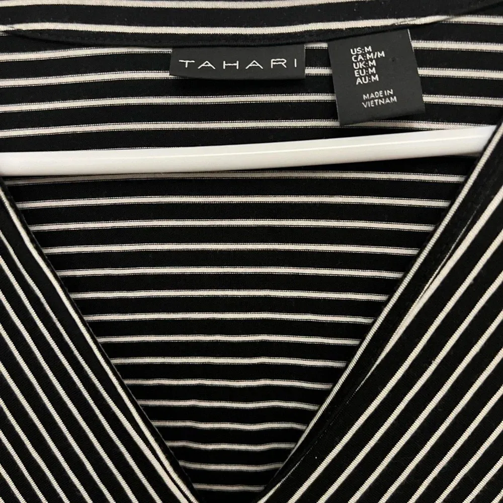 Tahari Long Sleeve Black and White Striped Shirt Faux Wrap Size Medium - Image 2