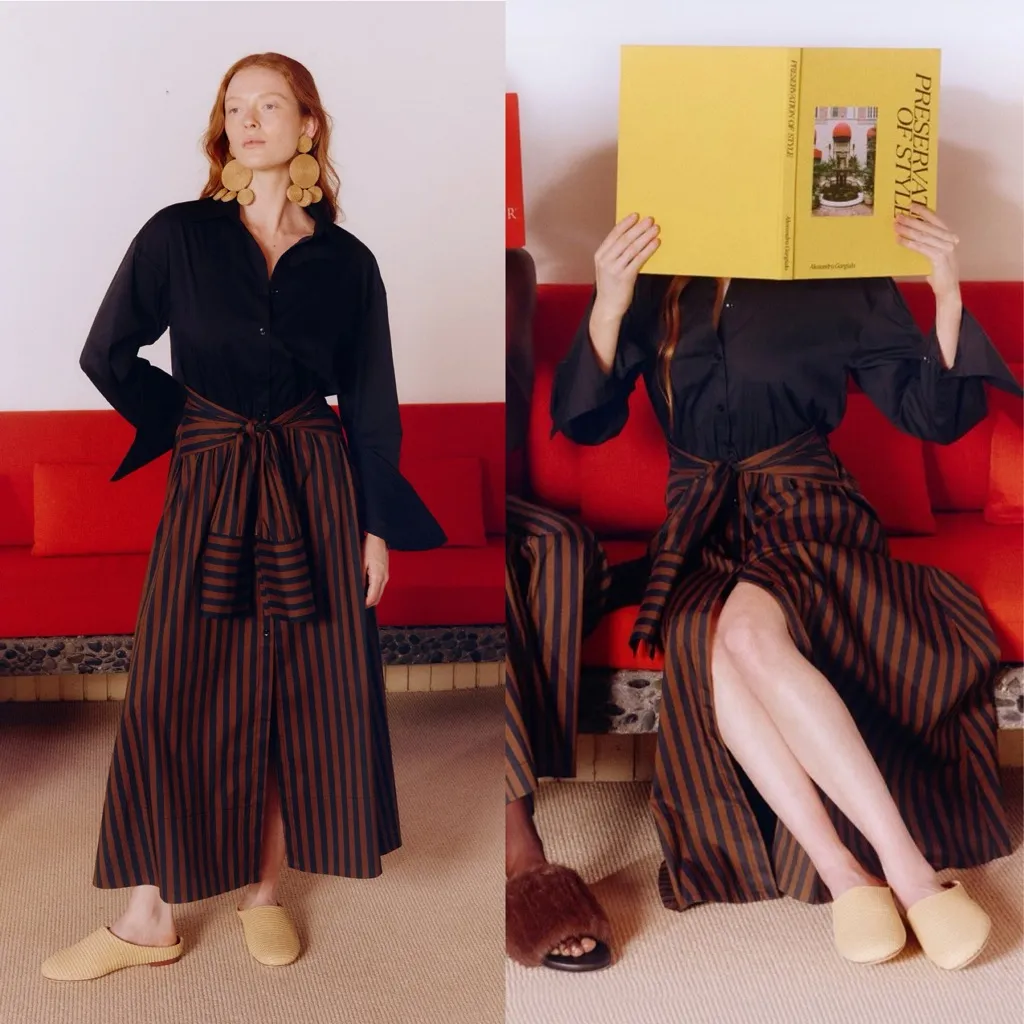 Simon Miller Inna Poplin Maxi Shirt Dress Black Brown Stripe Size Small - Image 15