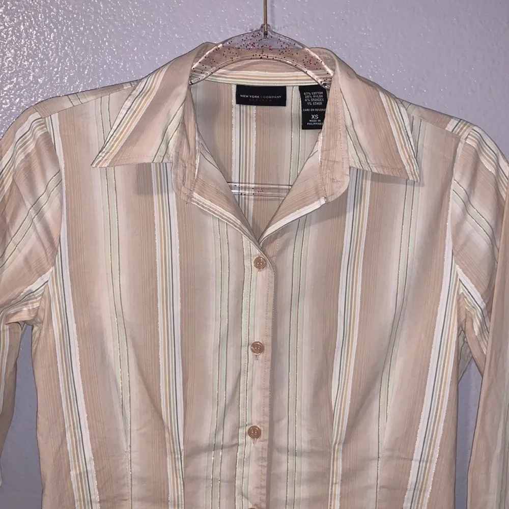 New York & Company beige gold striped XS button Down shirt - Image 2