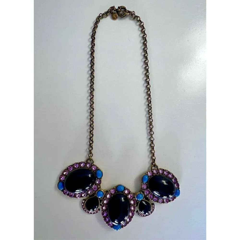 J.Crew Faux Black Onyx Turquoise Rhinestone Statement Necklace Antique Gold Tone Blue - Image 4