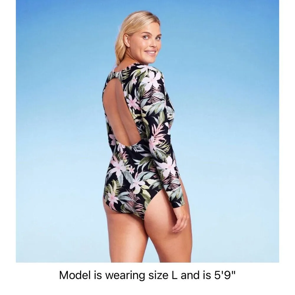 Women's Tropical Print Long Sleeve One Piece Swimsuit - Kona Sol Black L - Image 4