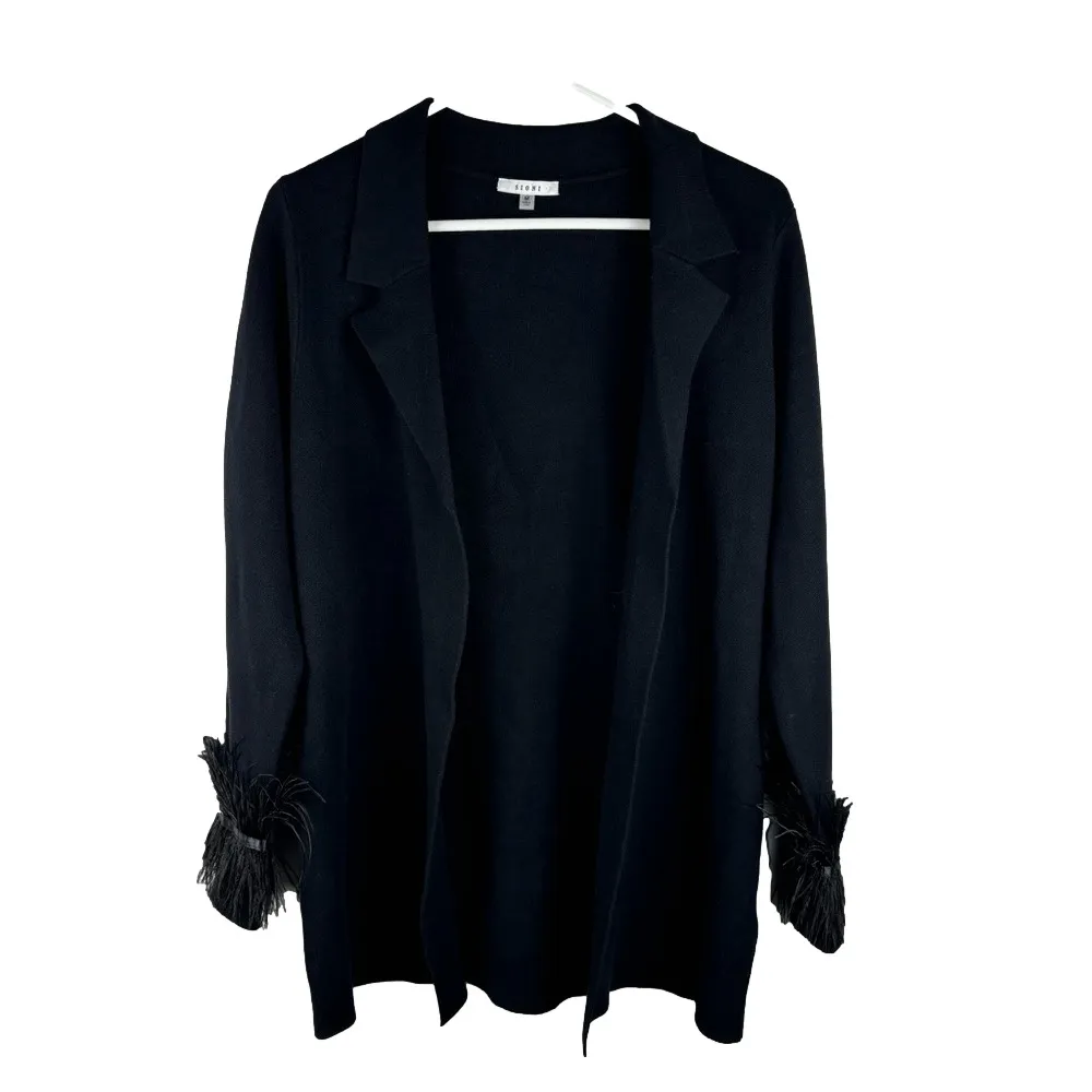 Sioni Medium Solid Black Open Front‎ Cardigan Blazer Feather Trim Sleeves Detail - Image 2