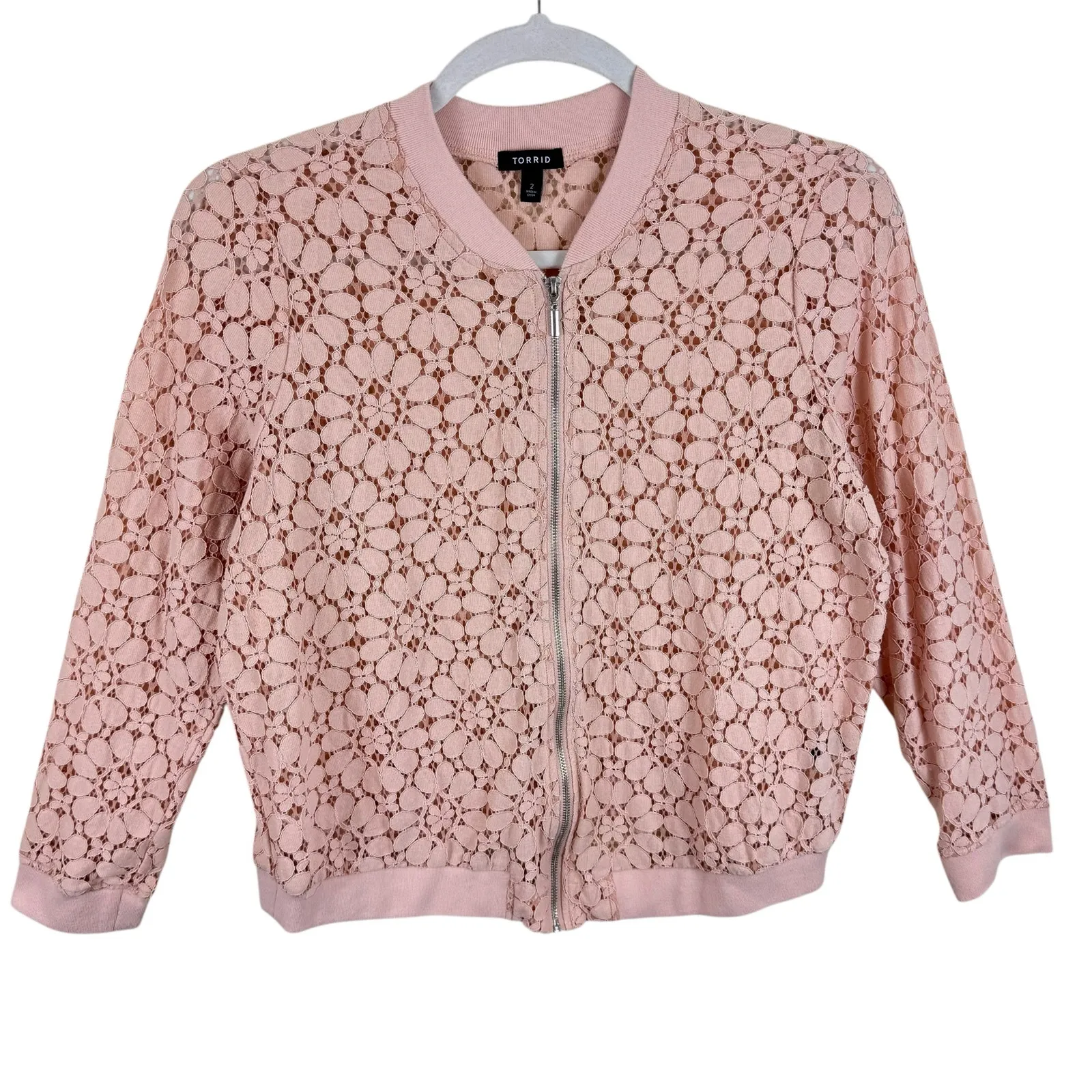 Torrid Cotton Pink Zip Up Lace Bomber‎ Jacket 2X - Image 3