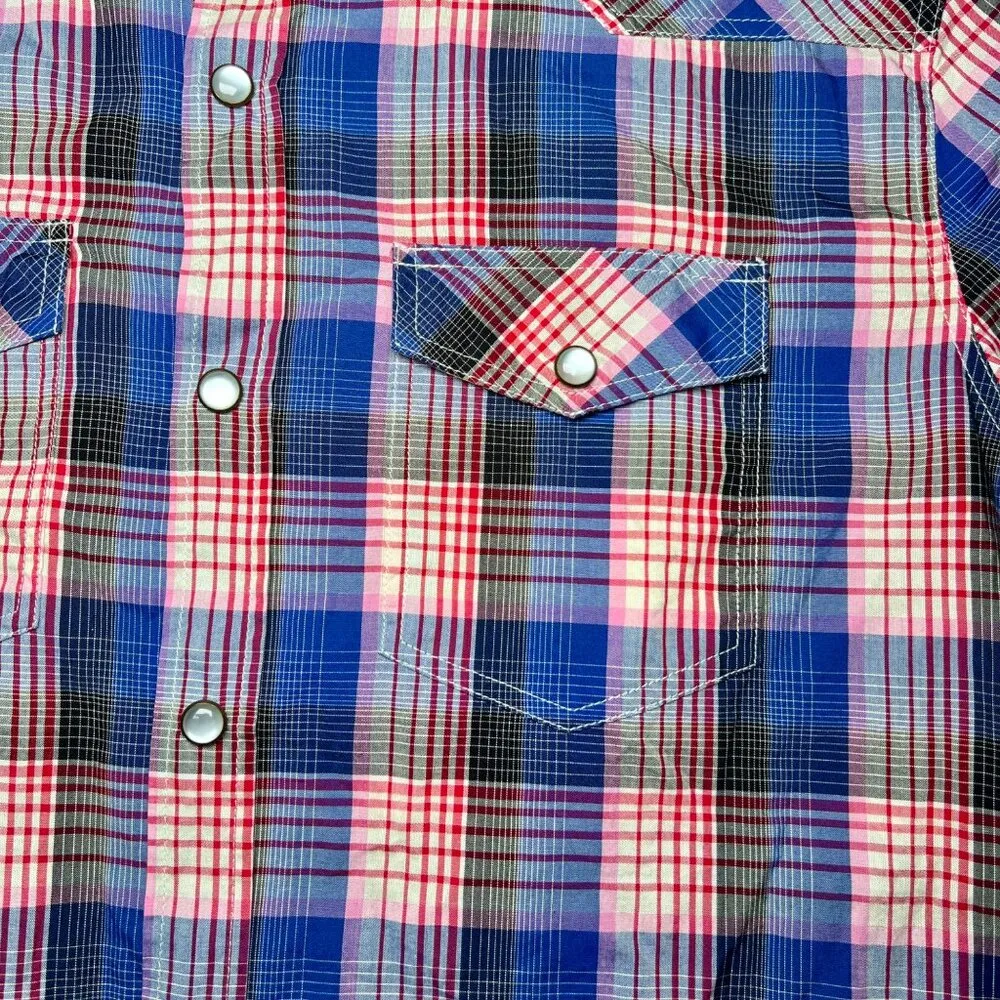 Heritage1981 Plaid Pearl Snap Western Button Down Shirt Pink Blue Small - Image 4