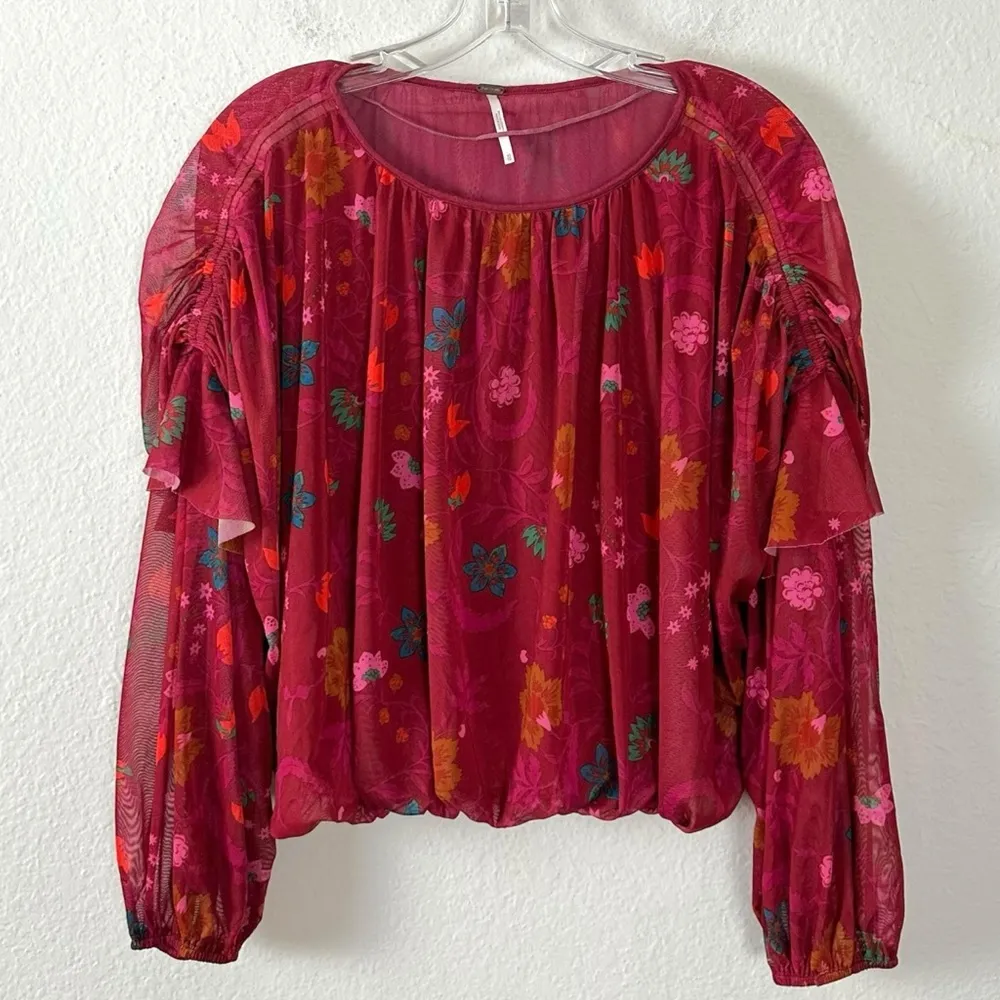 Free People Wild Flower Honey Blouse in Berry Combo Size XS Fall Floral Ruffle - Image 7