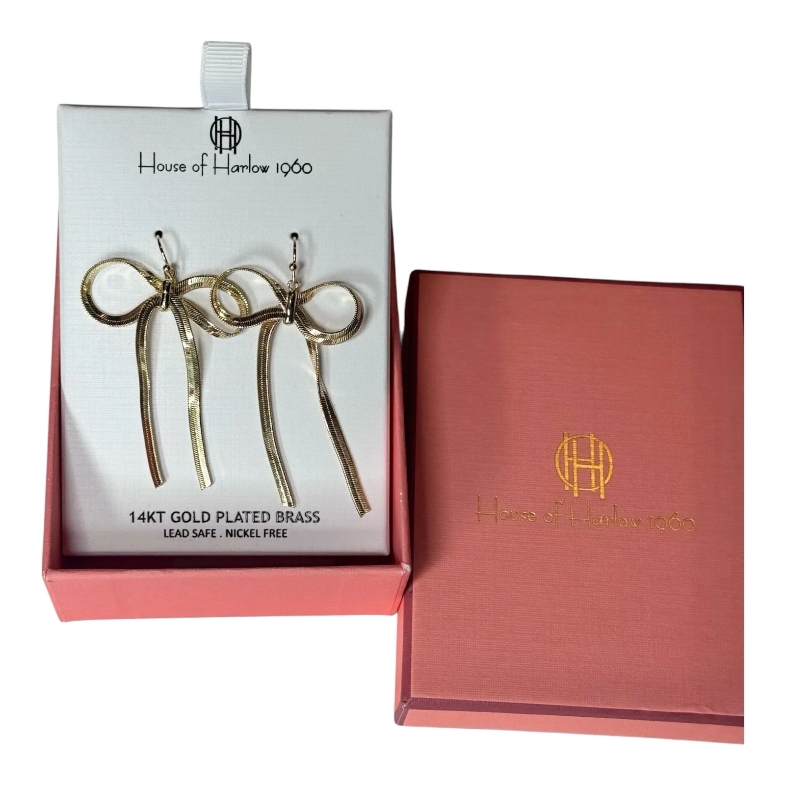 House of Harlow 1960 Bow Earrings 14K Gold Plate Brass Omega Chain Ribbon Drop - Image 2