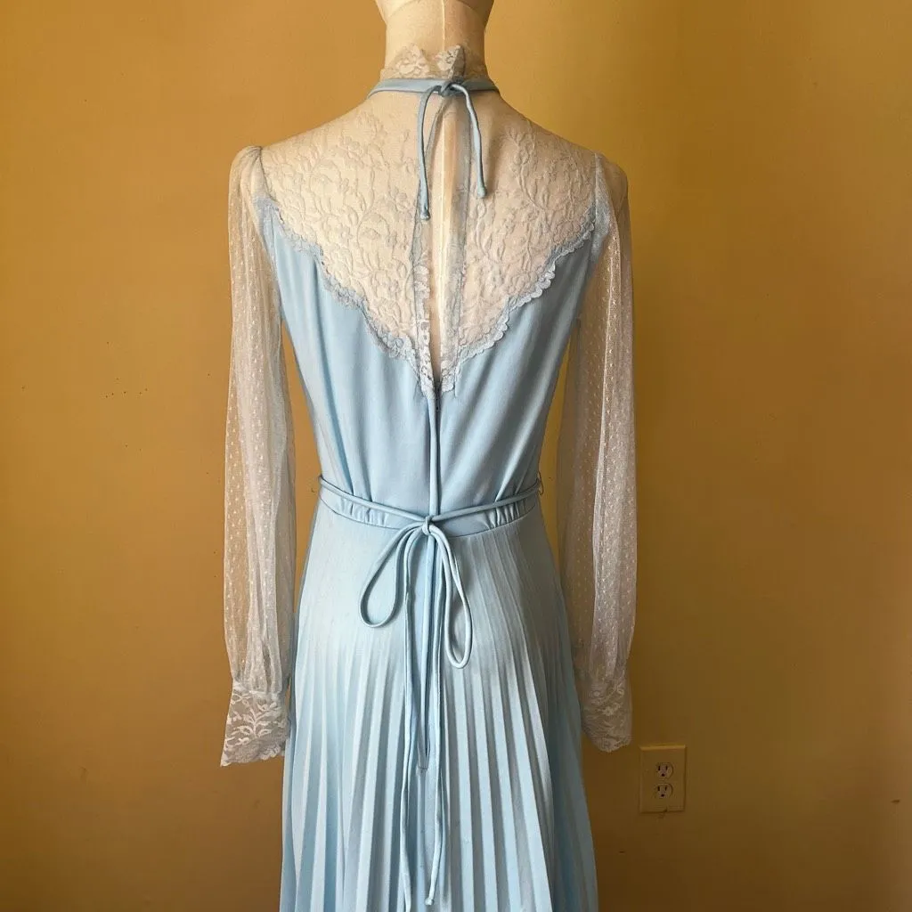 Vintage 70s Blue Lace‎ Long Sleeve Nightgown Hostess Dress Victorian Small - Image 6