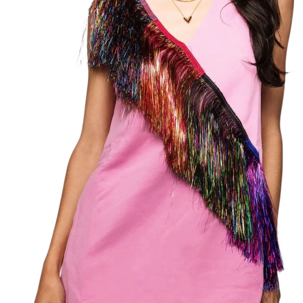 Queen of Sparkles Diagonal Metallic Fringe Dress Pink - Image 3