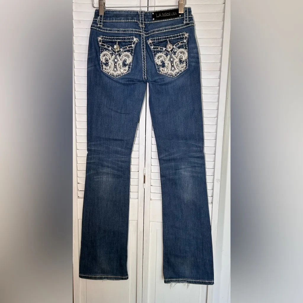 LA Idol low rise bootcut studded embroidered blue jeans juniors size 1 long tall - Image 2